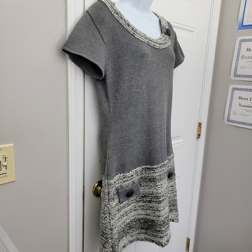 Freeway Gray Cap Sleeve Drop Waist Knit Sweater Dress Cable Knit Trim Large - Picture 4 of 11